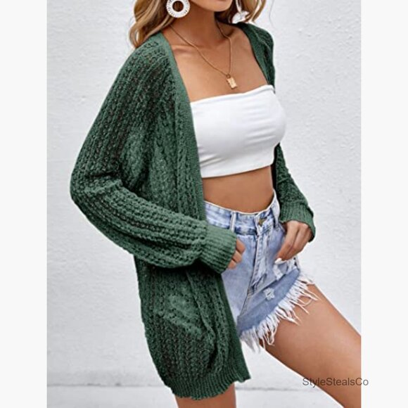 Crochet Open Front Long Sleeve Cardigan Lightweight Summer Cover Up - Picture 2 of 7